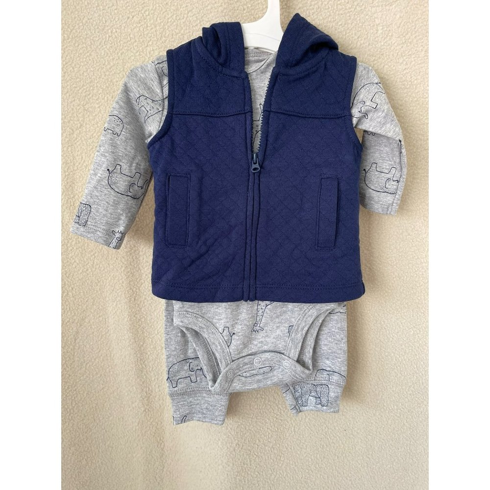 Carters Blue/Gray Animal Safari Print 3-Piece Outfit Pants/Bodysuit/Vest Jacket